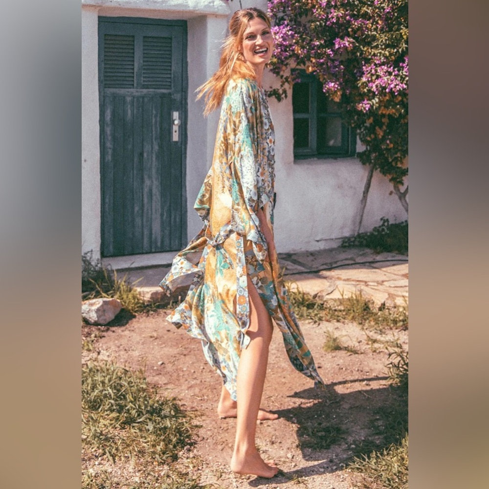 Spell & Gypsy willow kimono cheetah floral yellow maxi robe